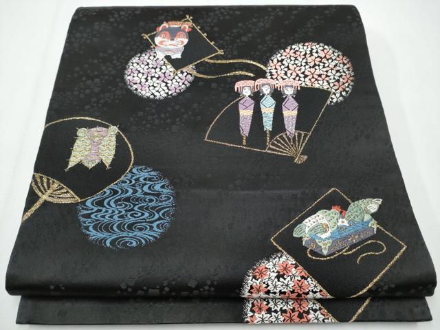 平和屋□極上 西陣織 六通太鼓柄袋帯 黒猫 蝶 グレー 逸品s7819