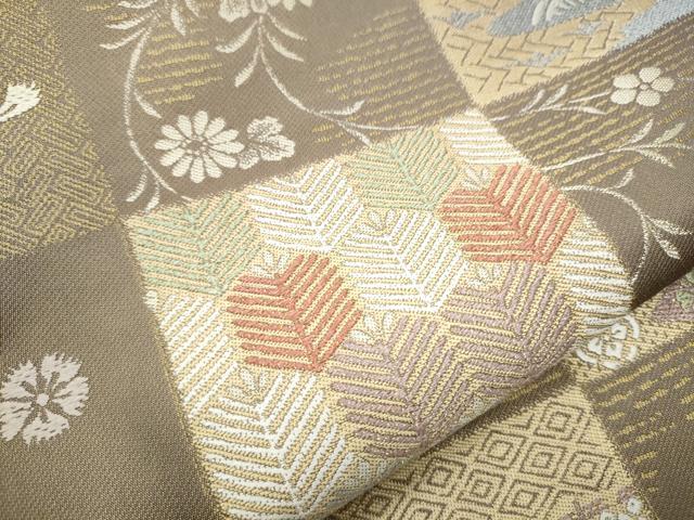 平和屋着物●両面　六通柄袋帯　市松流水草花文　金糸　正絹　逸品　CAAX7585hy 平和屋着物○両面 六通柄袋帯 市松流水草花文 金糸 正絹 逸品