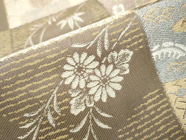 平和屋着物○両面 六通柄袋帯 市松流水草花文 金糸 正絹 逸品