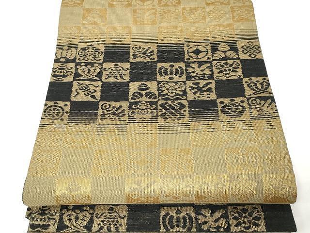 平和屋着物○両面 全通柄袋帯 横段市松吉祥文 黒地 金糸