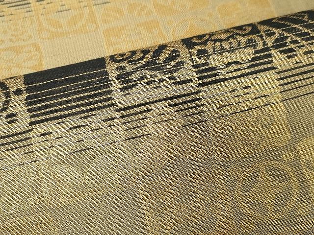 平和屋着物●両面　全通柄袋帯　横段市松吉祥文　黒地　金糸　正絹　逸品　CAAX9219yk 平和屋着物○両面 全通柄袋帯 横段市松吉祥文 黒地 金糸