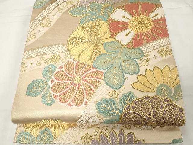 平和屋着物●六通柄袋帯　唐織　立枠菊図文　金糸　正絹　逸品　CAAX9244yk