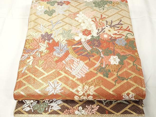 平和屋着物●佐賀錦　六通柄袋帯　唐織　花東唐花文　金糸　正絹　逸品　CAAX9245yk