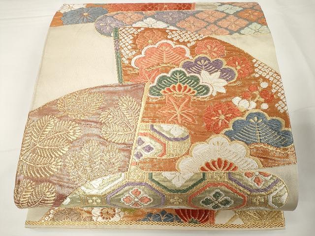 平和屋着物●六通柄袋帯　唐織　扇面花文　金糸　正絹　逸品　CAAX9247yk