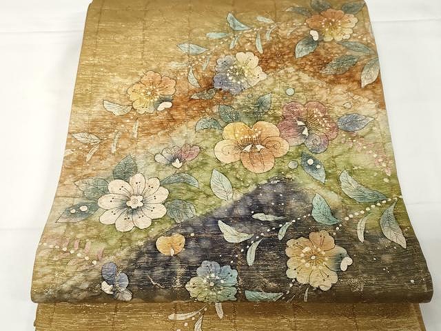 平和屋着物●太鼓柄袋帯　辻が花　絞り　金通し地　正絹　逸品　CAAX9253yk