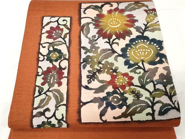 平和屋着物●太鼓柄袋帯　紬地　型染め　枝花文　正絹　逸品　CAAX9284yk