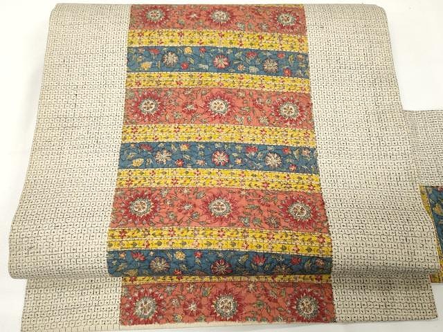 平和屋着物●九寸名古屋帯　本場結城紬　更紗横段花文　正絹　逸品　CAAX9301yk