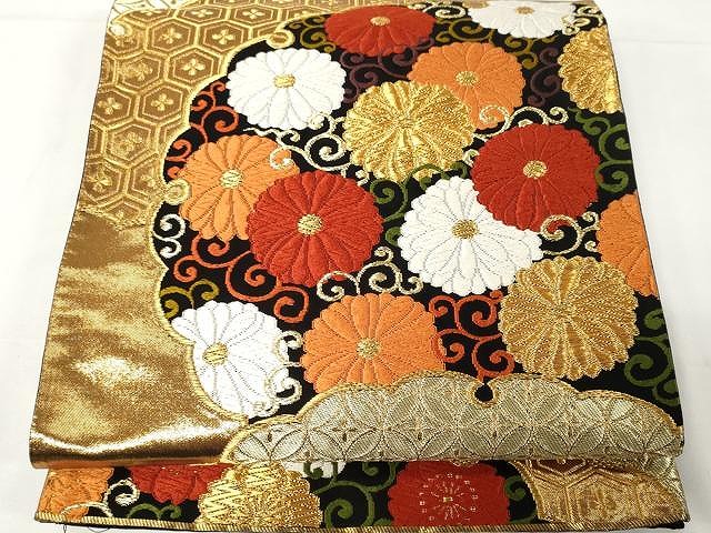 平和屋着物●西陣　河合美術織物謹製　六通柄袋帯　唐織　花唐草文　黒地　金糸　正絹　逸品　CAAX9341yk