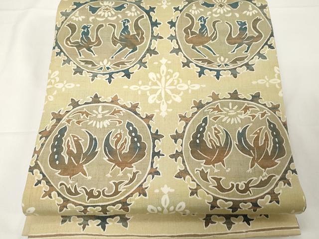 平和屋着物●全通柄袋帯　紬地　型染め　向かい鳥花丸文　正絹　逸品　CAAX9358yk