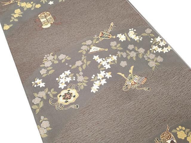 平和屋着物○六通柄袋帯 唐織 扇面枝花文 金糸 正絹 逸品