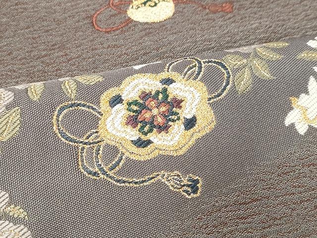 平和屋着物○六通柄袋帯 唐織 扇面枝花文 金糸 正絹 逸品
