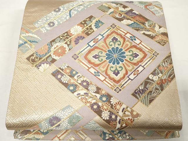 平和屋着物●六通柄袋帯　唐織　菱取扇子紋　九百錦　金糸　正絹　逸品　CAAX9379yk