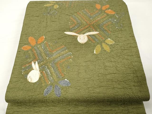 平和屋着物●太鼓柄袋帯　刺繍　絞り　兎文　金通し地　正絹　逸品　CAAX9396yk