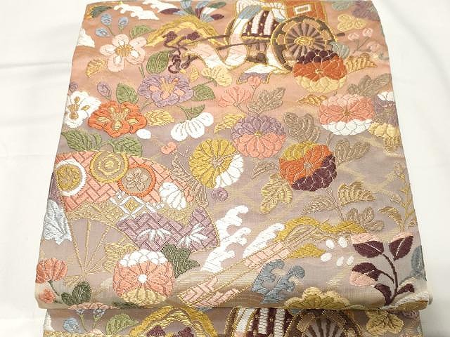 平和屋着物●六通柄袋帯　唐織　扇面御所車枝花文　金糸　正絹　逸品　CAAX9414yk