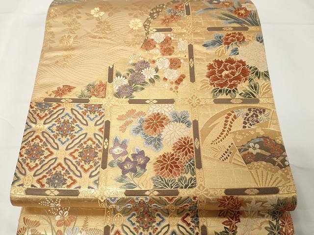 平和屋着物●六通柄袋帯　唐織　市松花文　金糸　正絹　逸品　CAAX9416yk