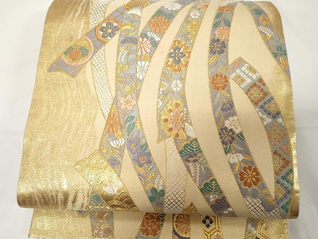 平和屋着物●六通柄袋帯　唐織　かずら帯　正倉院花文　金糸　正絹　逸品　CAAX9425yk