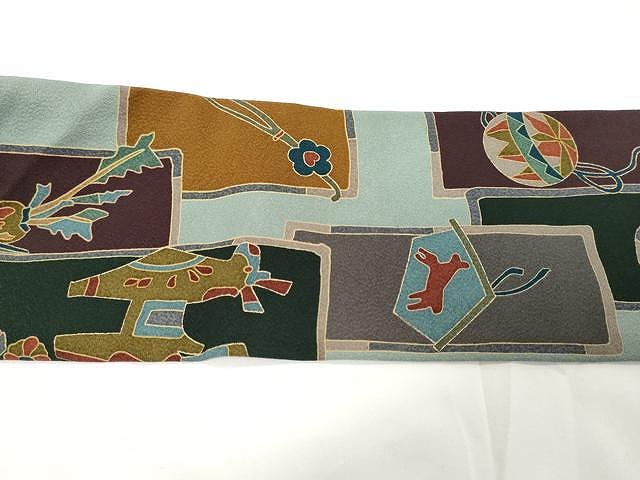 平和屋着物○全通柄九寸名古屋帯 型染め 馬 吉祥文