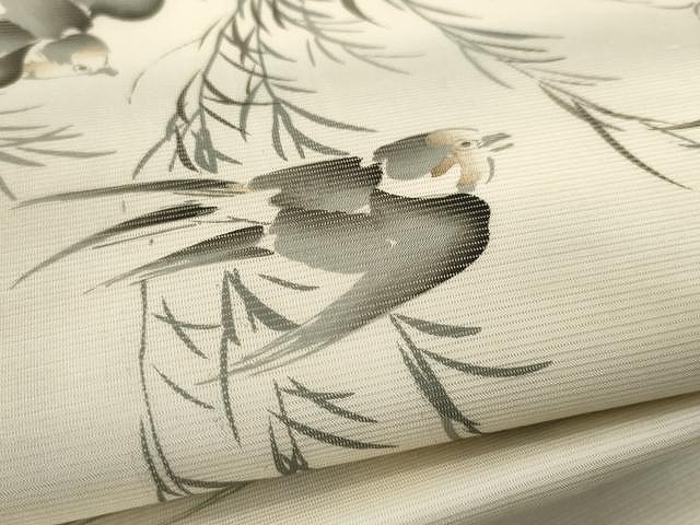平和屋着物●夏物　創作　九寸名古屋帯　手描き　飛鳥枝笹文　正絹　逸品　CAAX9479yk 平和屋着物○夏物 創作 九寸名古屋帯 手描き 飛鳥枝笹文 正絹 逸品