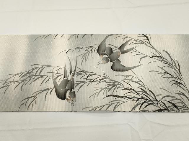 平和屋着物●夏物　創作　九寸名古屋帯　手描き　飛鳥枝笹文　正絹　逸品　CAAX9479yk 平和屋着物○夏物 創作 九寸名古屋帯 手描き 飛鳥枝笹文 正絹 逸品