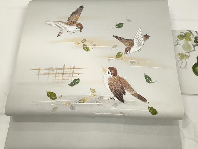 平和屋着物●塩瀬　九寸名古屋帯　作家物　手描き　雀舞葉文　金彩　正絹　逸品　CAAX9481yk