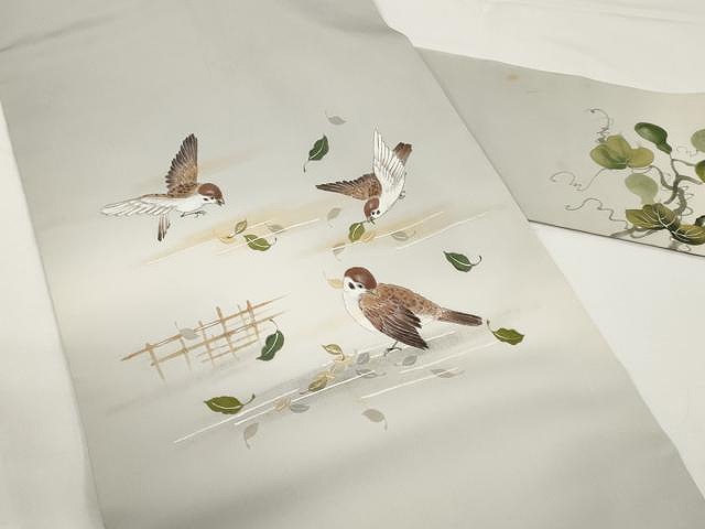 平和屋着物○塩瀬 九寸名古屋帯 作家物 手描き 雀舞葉文