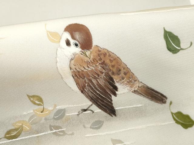 平和屋着物●塩瀬　九寸名古屋帯　作家物　手描き　雀舞葉文　金彩　正絹　逸品　CAAX9481yk 平和屋着物○塩瀬 九寸名古屋帯 作家物 手描き 雀舞葉文