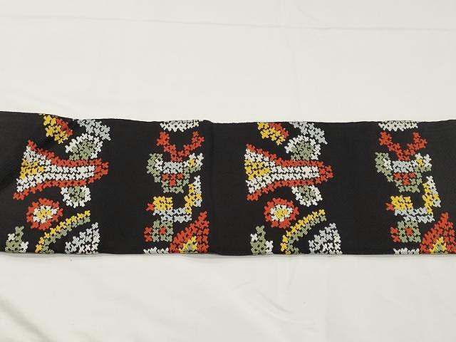 平和屋着物○九寸名古屋帯 唐織 横段吉祥文 黒地 正絹 逸品
