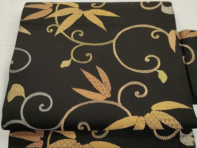 平和屋着物●九寸名古屋帯　唐織　笹唐草文　黒地　金糸　正絹　逸品　CAAX9487yk