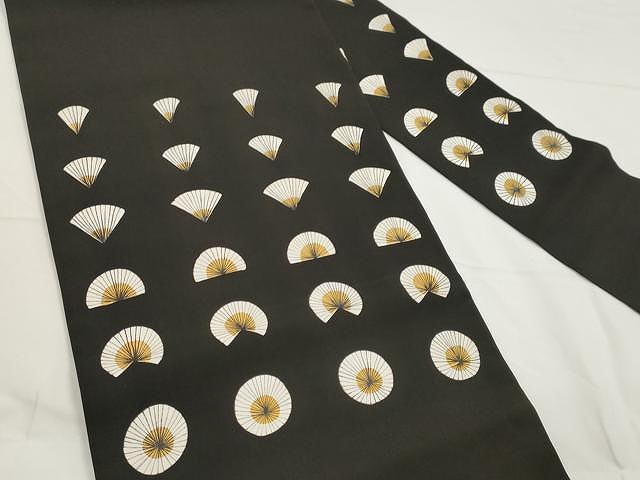 平和屋着物○塩瀬 九寸名古屋帯 扇面文 黒地 正絹 逸品 CAAX9512yk