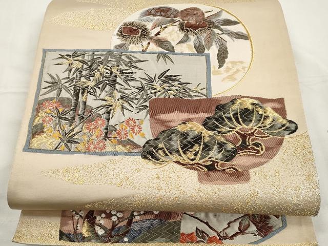 平和屋着物●西陣 「美しいキモノ」お馴染みのメーカー となみ織物 六通柄袋帯 唐織 笹竹動物花文 金糸 証紙付き 正絹 逸品 CAAX9513yk