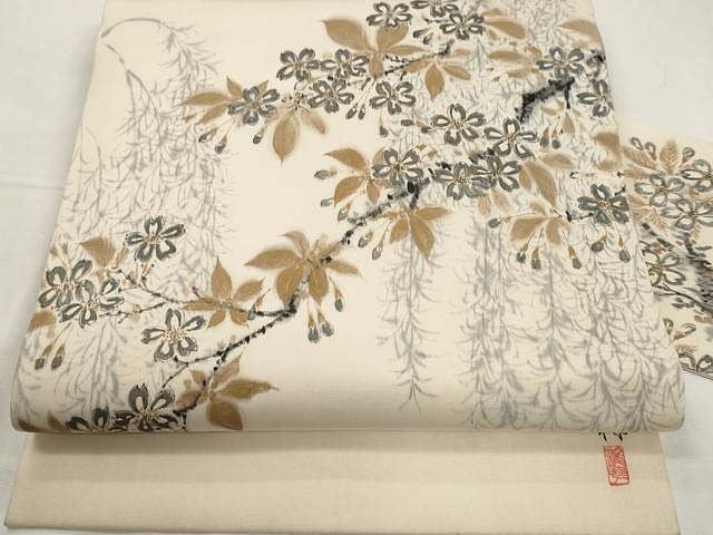 塩瀬 九寸名古屋帯 更紗花文 金彩 正絹 逸品 正絹 塩瀬 名古屋帯 乱菊