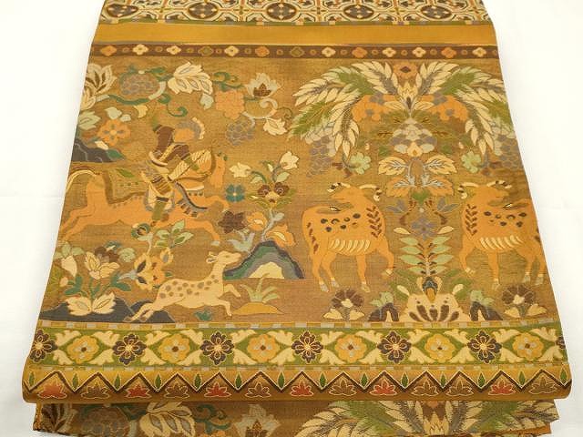 平和屋着物●六通柄袋帯　狩猟　動物葡萄唐草文　金糸　正絹　逸品　CAAX9582yk