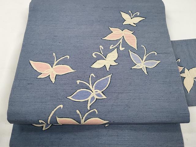 平和屋着物●九寸名古屋帯　紬地　型染め　舞蝶文　正絹　逸品　CAAX9583yk