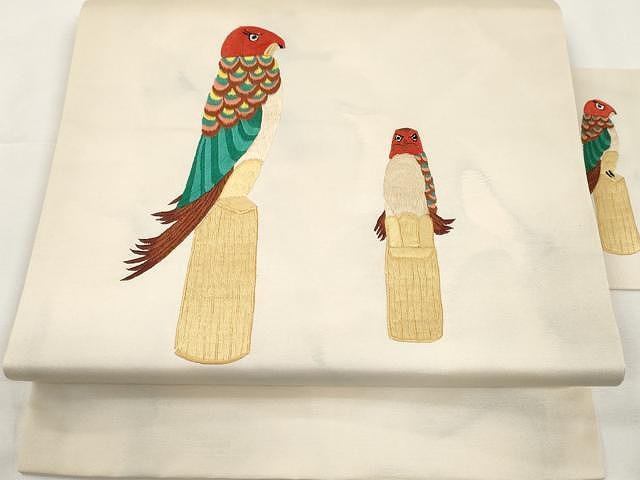 平和屋着物●西陣　九寸名古屋帯　総刺繍　尾長鶏　証紙付き　正絹　逸品　CAAX9598yk