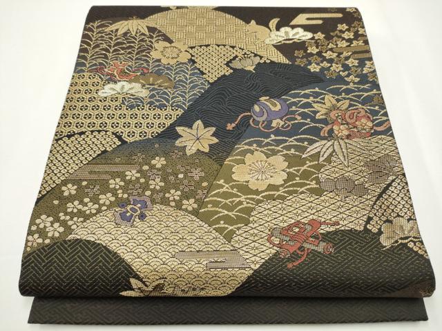 平和屋着物●六通柄袋帯　動物宝尽くし文　金糸　正絹　逸品　未使用　CAAY2407hy