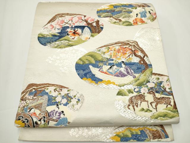 平和屋着物●六通柄袋帯　唐織　動物　貝合せ人物風景文　銀糸　正絹　逸品　CAAY2425hy