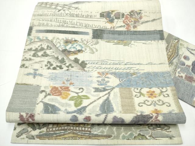 平和屋着物●九寸名古屋帯　紬地　人物風景草花文　正絹　逸品　CAAY2443hy