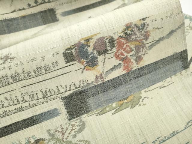 平和屋着物○九寸名古屋帯 紬地 人物風景草花文 正絹 逸品