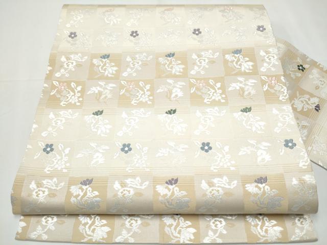 平和屋着物●九寸名古屋帯　刺繍　市松草花文　銀糸　正絹　逸品　CAAY2445hy