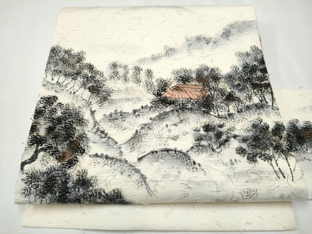 平和屋着物●九寸名古屋帯　作家物　手描き　髭紬　遠山風景文　金彩　正絹　逸品　CAAY2459hy