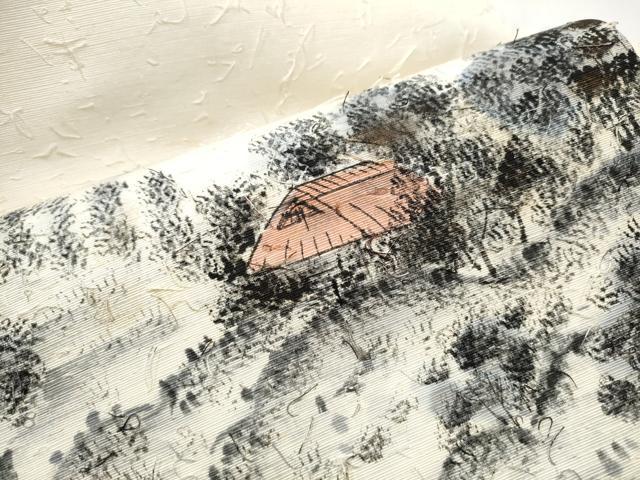 平和屋着物●九寸名古屋帯　作家物　手描き　髭紬　遠山風景文　金彩　正絹　逸品　CAAY2459hy