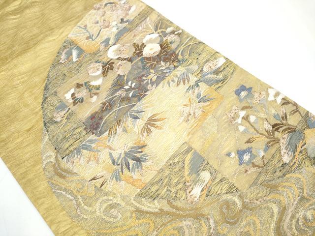 平和屋着物▽スリーシーズン　春夏秋　太鼓柄袋帯　ぜんまい紬　すくい織　草花文　金糸　正絹　逸品　CAAY2486hy 平和屋着物▽スリーシーズン 春夏秋 太鼓柄袋帯 ぜんまい紬 すくい織