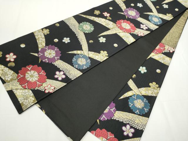 平和屋着物●六通柄袋帯　舞花文　黒地　金糸　正絹　逸品　CAAY2505hy 平和屋着物○六通柄袋帯 舞花文 黒地 金糸 正絹 逸品 CAAY2505hy