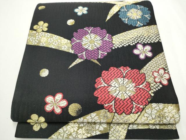 平和屋着物●六通柄袋帯　舞花文　黒地　金糸　正絹　逸品　CAAY2505hy