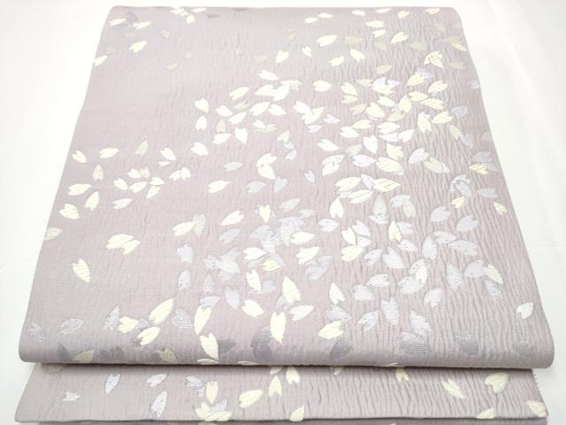 平和屋着物○両面 六通柄袋帯 ふくれ織 舞花びら 銀通し地