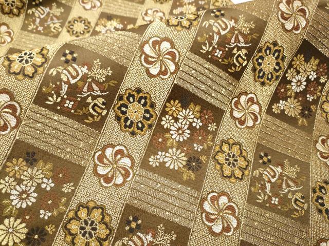 袋帯　六通柄　茶色と金色 袋帯 秀品 草花 波 金糸 箔 金色 六通 正絹 中古 : リユースセレクト