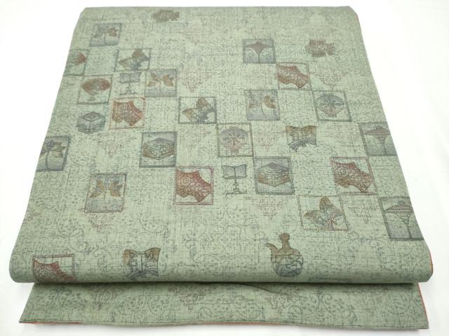 平和屋着物●両面　太鼓柄袋帯　紬地　陶器松文　金彩　正絹　逸品　CAAY2665hy