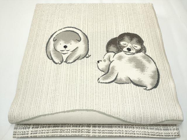 平和屋着物●太鼓柄袋帯　仔犬の集い　銀糸　正絹　逸品　CAAY2673hy