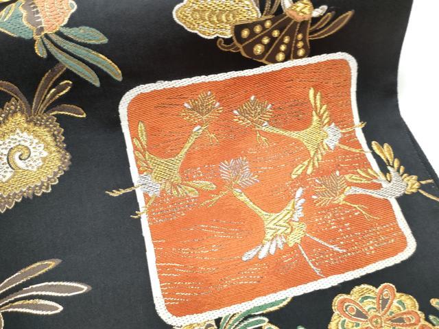 平和屋着物●六通柄袋帯　永楽善五郎好み　貝合せ飛鶴吉祥花文　黒地　金銀糸　正絹　逸品　CAAY2698hy 平和屋着物○六通柄袋帯 永楽善五郎好み 貝合せ飛鶴吉祥