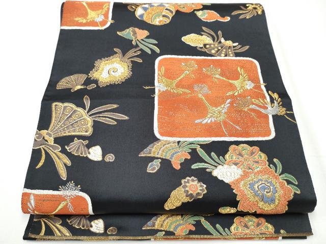 平和屋着物●六通柄袋帯　永楽善五郎好み　貝合せ飛鶴吉祥花文　黒地　金銀糸　正絹　逸品　CAAY2698hy